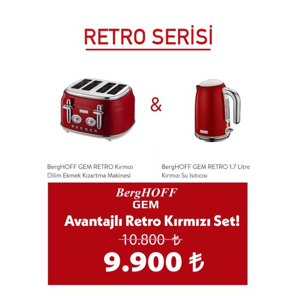 BERGHOFF - BergHOFF Gem Retro Kırmızı Kettle ve 4 lü ekmek kızartma makinesi seti