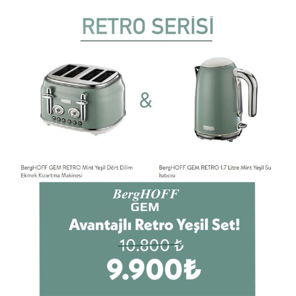 BERGHOFF - BergHOFF Gem Retro Mint Kettle kahve ve 4 Lü ekmek kızartma makinesi seti