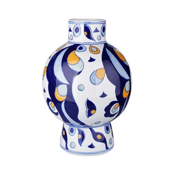 Lucky Art - Luckyart Mavi Sarı Desenli Yuvarlak Boğumlu Porselen Vazo 36 cm