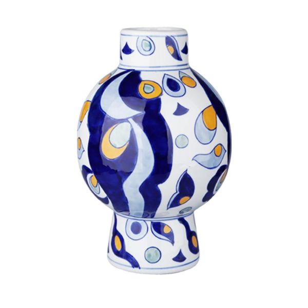 Lucky Art - Luckyart Mavi Sarı Desenli Yuvarlak Boğumlu Porselen Vazo 38 cm