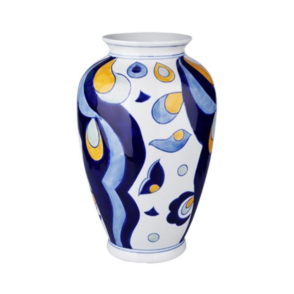 Lucky Art - Luckyart Mavi sarı Desenli Krem Porselen Vazo 30 cm
