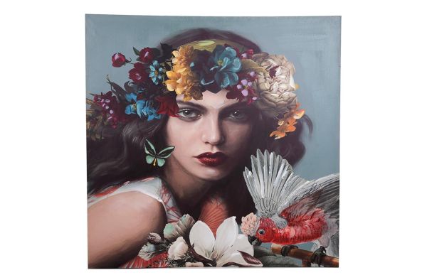 Lucky Art - Luckyart Çiçek Taçlı Kadın Kanvas Kare Tablo 100x100 cm