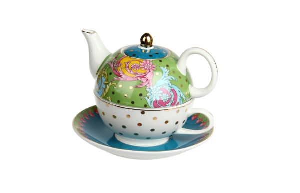 Lucky Art - Estelle Bone China Porselen Karışık Desenli Yuvarlak Tek Kişilik Demlik & Fincan Seti