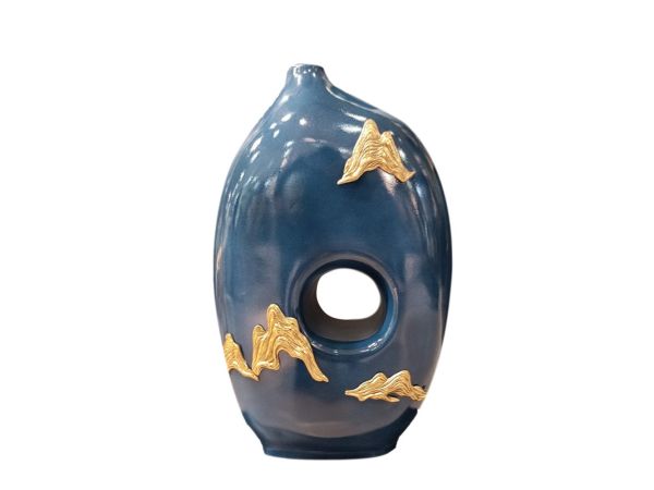 Lucky Art - Luckyart Gold Pirinç Detaylı Porselen Mavi Vazo 23x11x37 cm