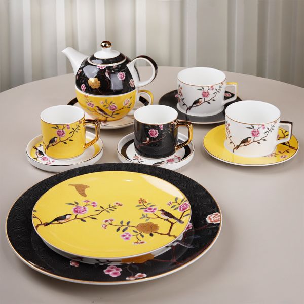 Luckyart Lucile Sarı Kuş Desenli Porselen Çaydanlık 600 cc - Thumbnail