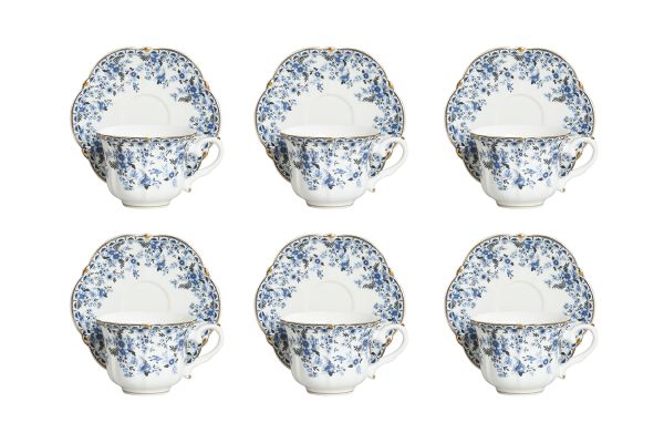 LUCKYART - Lucky Art Clarice New Bone China Porselen Mavi Küçük Çiçek Desenli 6 lı Çay Fincanı Seti