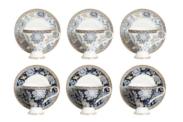 LUCKYART - Lucky Art Eudora New Bone China Porselen Lacivert&Mavi Renkli Desenli 6lı Çay Fincanı Seti