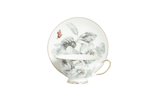 LUCKYART - Lucky Art Harmonia New Bone China Gri&Siyah Naturel Desenli 2li Çay Fincanı Seti