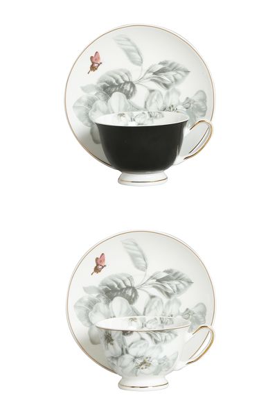 LUCKYART - Lucky Art Harmonia New Bone China Gri&Siyah Naturel Desenli 2li Kahve Fincanı Seti