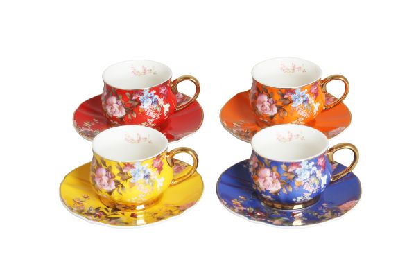 LUCKYART - Lucky Art Hilda 4lü New Bone China Porselen Renkli Çiçek Desenli Kahve Fincanı Seti