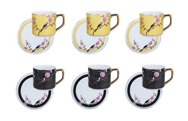 Lucky Art - Luckyart Lucile Siyah Sarı Kuş Desenli 6'lı Porselen Kahve Fincanı Seti 