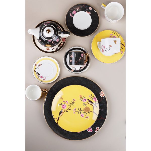 Luckyart Lucile Siyah Sarı Kuş Desenli 6'lı Porselen Kahve Fincanı Seti - Thumbnail