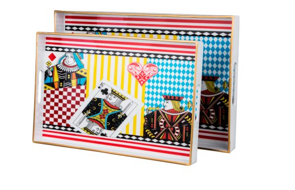 Lucky Art - Luckyart Oyun Kağıdı Desenli Dikdörtgen İkili Akrilik Tepsi Seti 45,5x30 cm - 39,5x16 cm