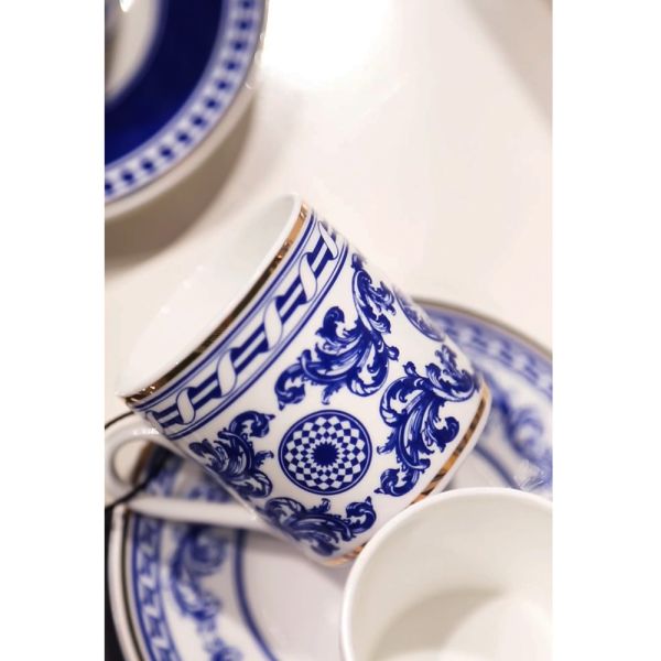 Luckyart Aurora Bone Porselen Mavi Beyaz Barok Desenli 6 lı Çay Fincanı Seti - Thumbnail