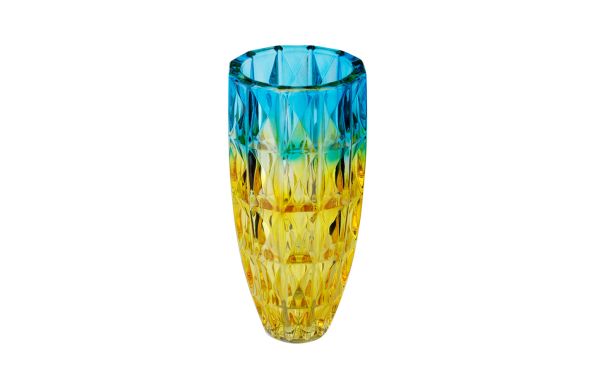 Lucky Art - Luckyart Mavi&Sarı Degrade Büyük Kesme Kristal Büyük Cam Vazo 15x28 Cm